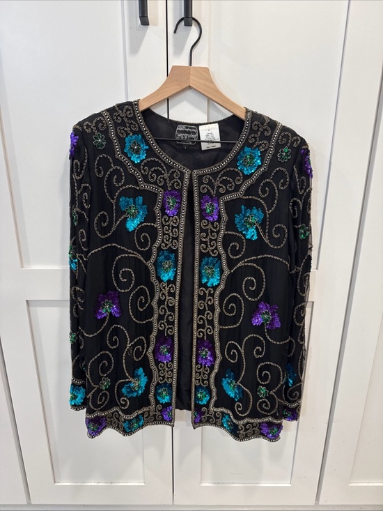 Joseph Le Bon Jackets & Blazers - Vintage jean for Joseph LeBon Embellished silk Black Sequin Floral Jacket Sz L